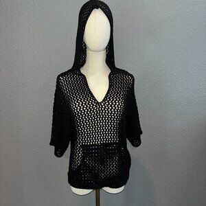 FOREVER 21 Crochet Cropped Hoodie with Kangaroo Pocket Black Swim Cover-Up S
